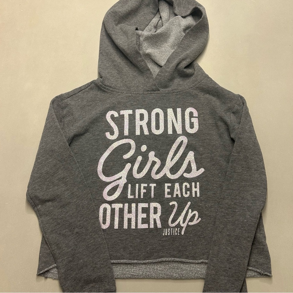 GIRL POWER -Justice Girls Grey sweatshirt with hood, size 10, glitter wording